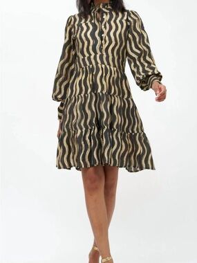 Oliphant Black and Gold Wavy-Stripe Tiered Button Up Ruffle Mock Neck Dress